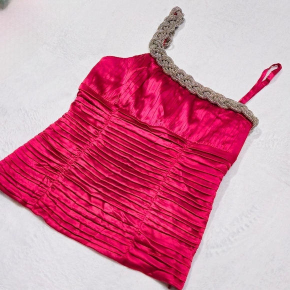 Bebe ✦ Red Satin One-Shoulder Top ✦ Braided Beaded Strap Ruched Bodice M EUC - Picture 9 of 16